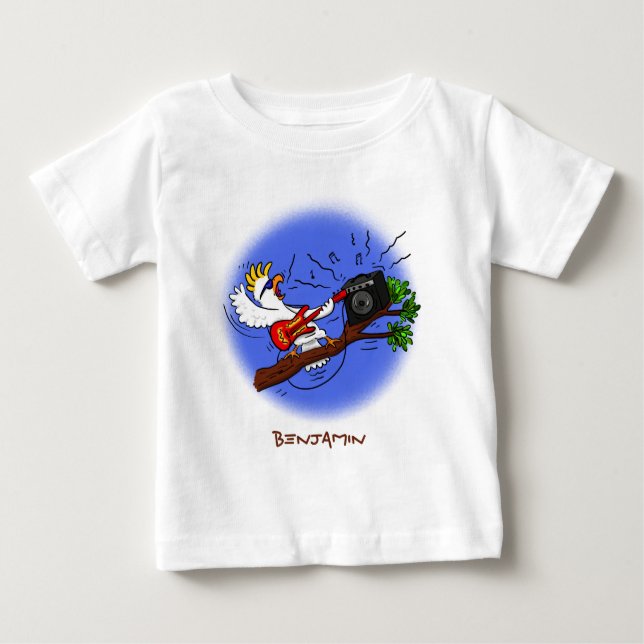 Funny cockatoo playing rock guitar cartoon baby T-Shirt (Front)