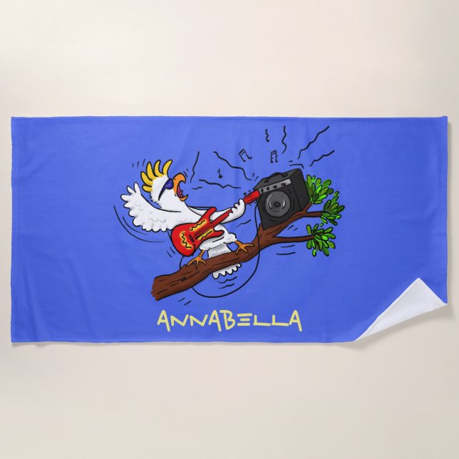 Funny cockatoo playing rock guitar cartoon beach towel (Front)