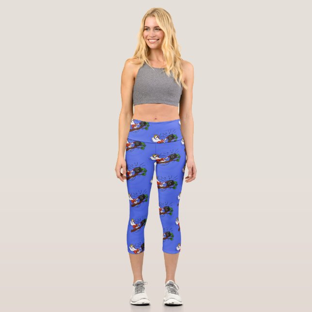 Funny cockatoo playing rock guitar cartoon capri leggings (Front)