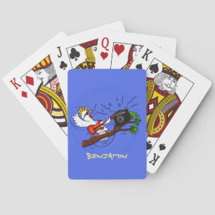 Funny cockatoo playing rock guitar cartoon cards