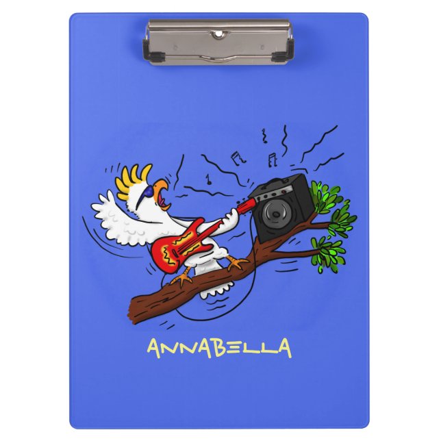 Funny cockatoo playing rock guitar cartoon clipboard (Front)