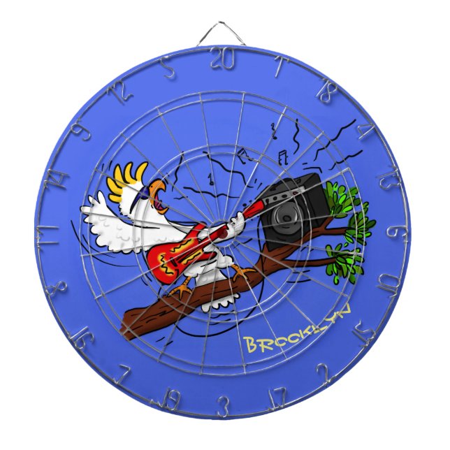 Funny cockatoo playing rock guitar cartoon dartboard (Front)