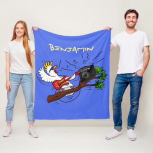 Funny cockatoo playing rock guitar cartoon fleece blanket