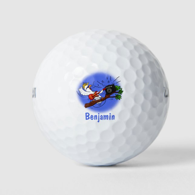 Funny cockatoo playing rock guitar cartoon golf balls (Front)