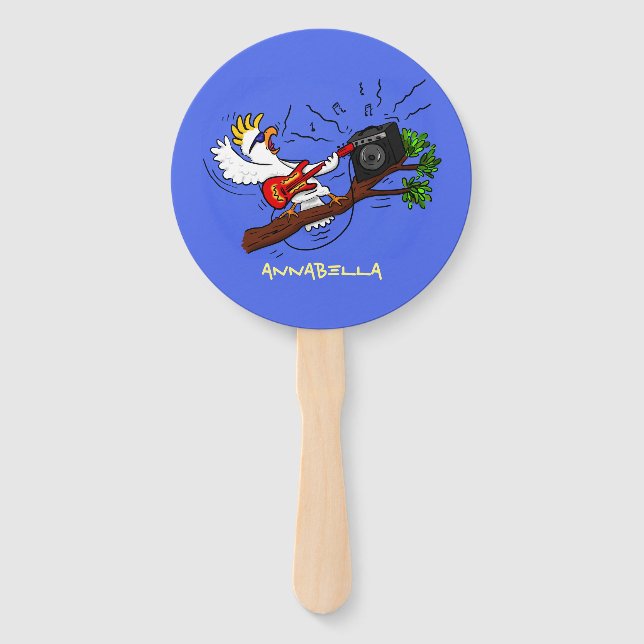 Funny cockatoo playing rock guitar cartoon hand fan (Front)