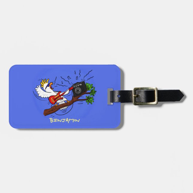 Funny cockatoo playing rock guitar cartoon luggage tag (Front Horizontal)