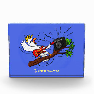 Funny cockatoo playing rock guitar cartoon photo block