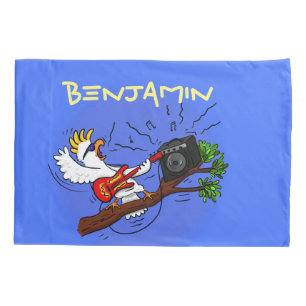Funny cockatoo playing rock guitar cartoon pillowcase