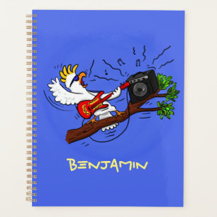 Funny cockatoo playing rock guitar cartoon planner