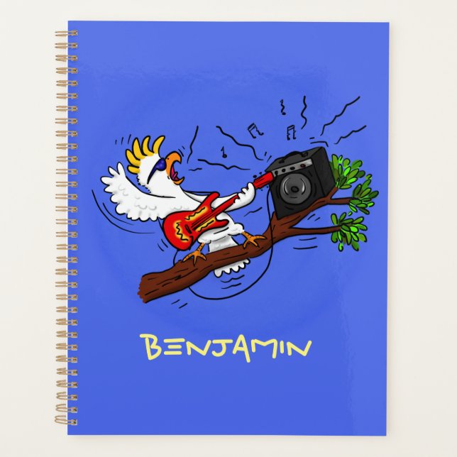Funny cockatoo playing rock guitar cartoon planner (Front)