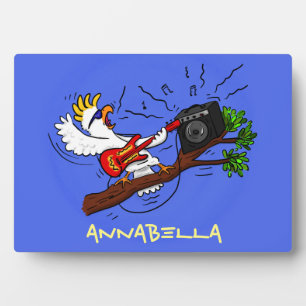 Funny cockatoo playing rock guitar cartoon plaque
