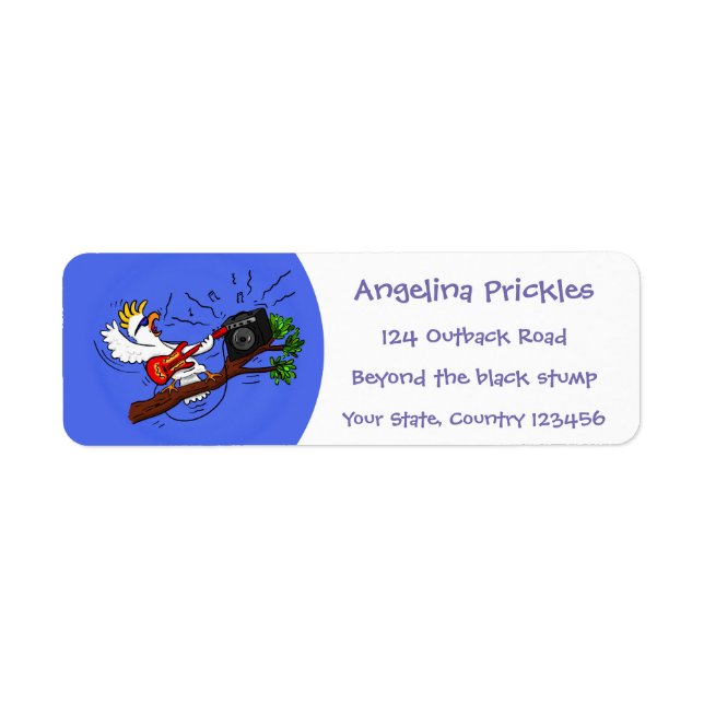 Funny cockatoo playing rock guitar cartoon return address label (Front)