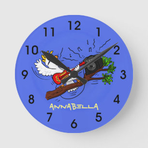 Funny cockatoo playing rock guitar cartoon round clock