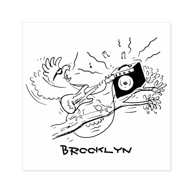 Funny cockatoo playing rock guitar cartoon rubber stamp (Imprint)