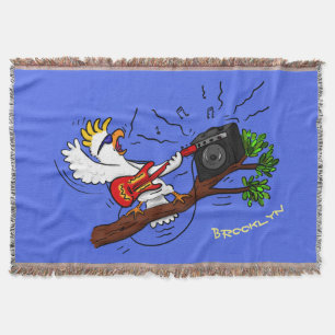 Funny cockatoo playing rock guitar cartoon throw blanket