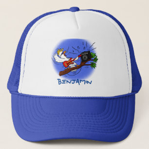 Funny cockatoo playing rock guitar cartoon trucker hat