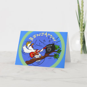 Funny cockatoo rock guitar player birthday cartoon card