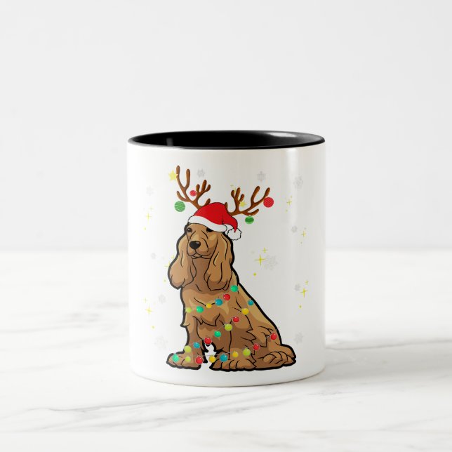 Funny Cocker Spaniel Reindeer Christmas Dog Two-Tone Coffee Mug (Center)