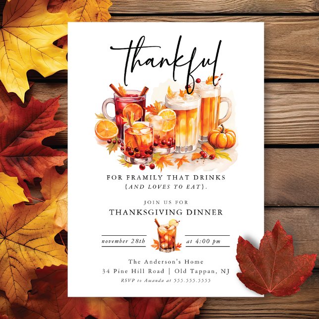 Funny Cocktails Thankful Thanksgiving Dinner Invitation (Creator Uploaded)