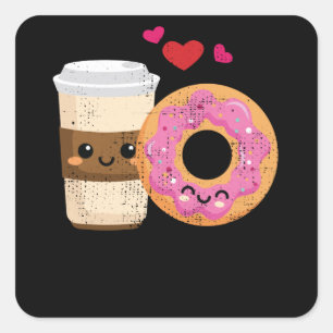 Funny Coffee And Doughnut Couple Kawaii Valentines Square Sticker