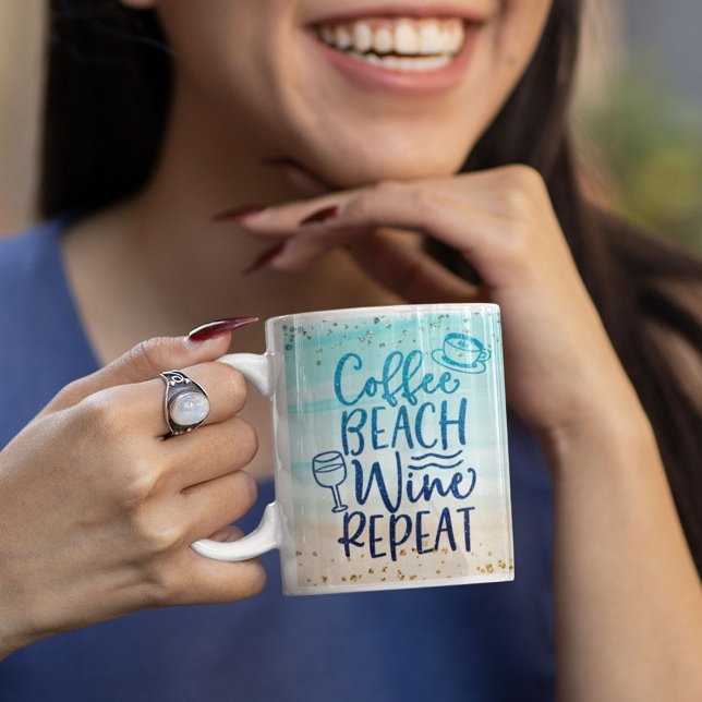 Funny Coffee Beach Wine Repeat Glitter Personalise Coffee Mug (Coffee Beach Wine Repeat Mug)