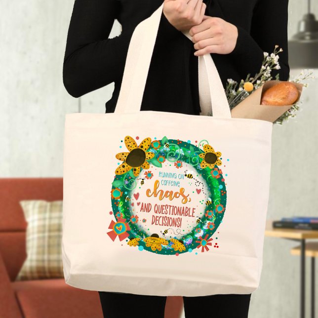  Funny Coffee Chaos Quote Stylish Trendy  Large Tote Bag (Creator Uploaded)