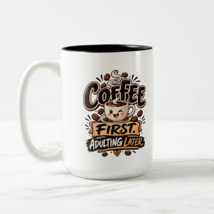 Funny Coffee First Adulting Later Two-Tone Coffee Mug