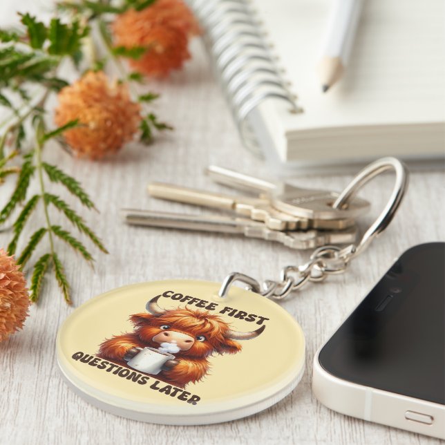 Funny coffee first highland cow key ring (Front Right)
