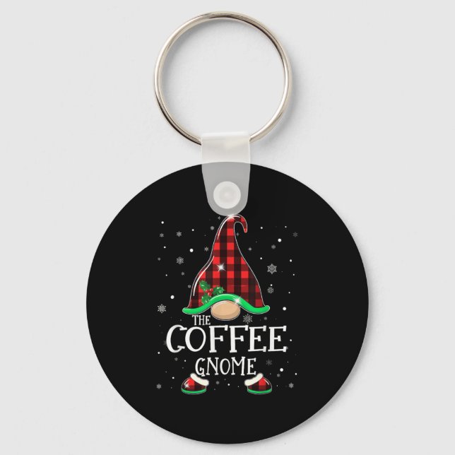 Funny Coffee Gnome Buffalo Plaid Matching Christma Key Ring (Front)