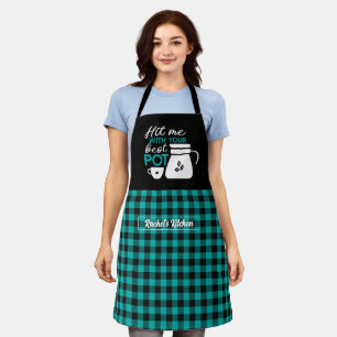 Funny Coffee Lover Best Pot Black Teal Green Plaid Apron