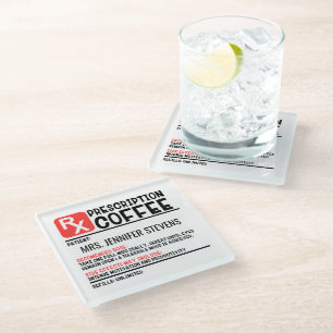 Funny Coffee Prescription Personalised Name Glass Coaster