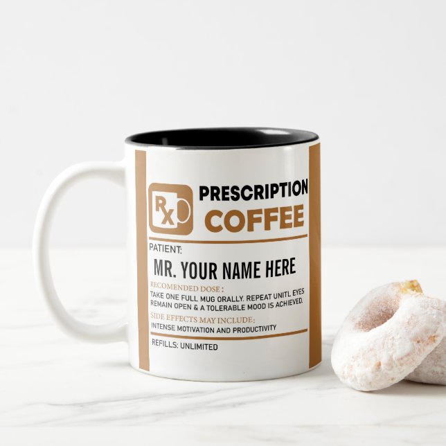 Funny Coffee Prescription, Personalised Name  Two-Tone Coffee Mug (With Donut)