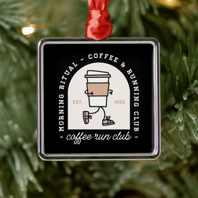 Funny coffee run club running lovers retro black metal ornament (Tree)