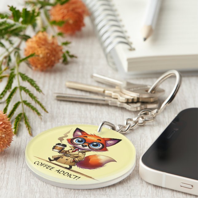 Funny coffee word art customisable fox key ring (Front Right)