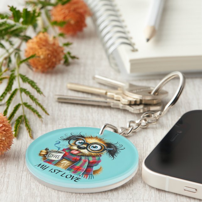 Funny coffee word art dog customisable key ring (Front Right)