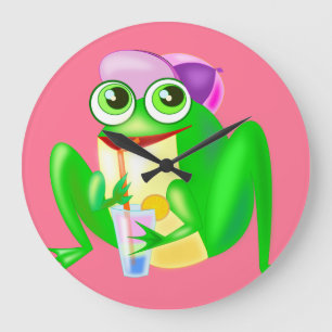 Funny Colck with Happy Party Frog - Your Colour Large Clock