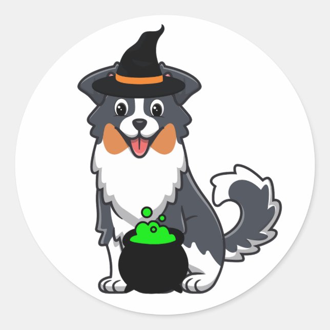 Funny collie dog is a witch classic round sticker (Front)