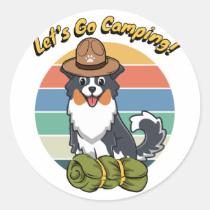 Funny collie dog wants to go camping classic round sticker