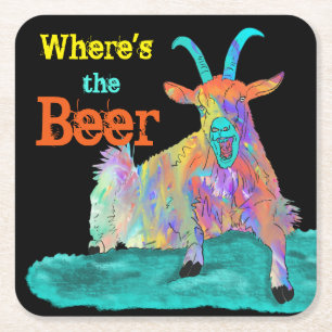Funny Colorful Art Screaming Goat Beer Pun Square Paper Coaster