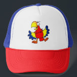 Funny Colorful Cartoon Parrot Bird Trucker Hat<br><div class="desc">Let this funny colorful cartoon parrot bring a lively and playful energy to your aesthetic. Featuring a bold red body, bright yellow and blue wings, and a giant comical beak, this happy macaw illustration is created with a vibrant comic style. The target audience for this playful graphic includes young children,...</div>