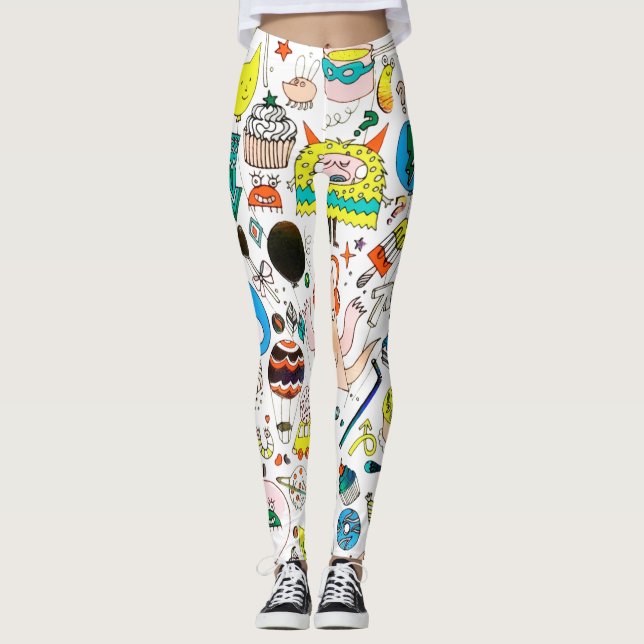 Funny Colourful Alien Monsters Party  Leggings (Front)