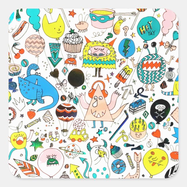 Funny Colourful Alien Monsters Party  Square Sticker (Front)