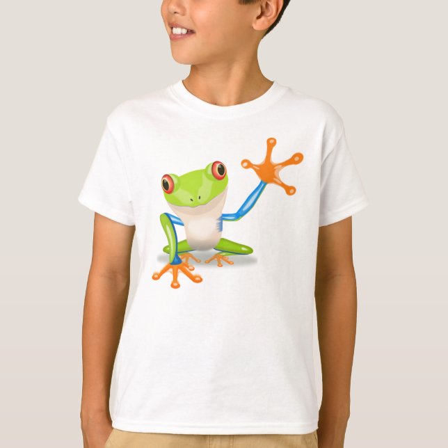 Funny Colourful Big Green Cartoon Frog Waving Arms T-Shirt (Front)