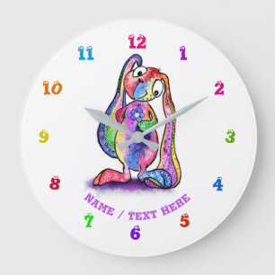 Funny Colourful Bunny Love Flower - Add Text / Nam Large Clock
