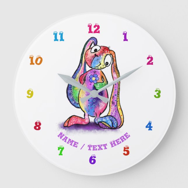Funny Colourful Bunny Love Flower - Add Text / Nam Large Clock (Front)