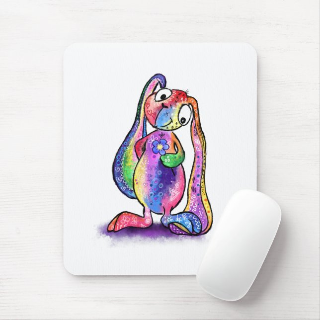 Funny Colourful Bunny Love Flower - Cartoon Drawin Mouse Pad (With Mouse)