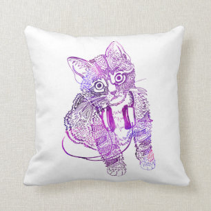 Funny Colourful Cat in Headphones illustration Cushion