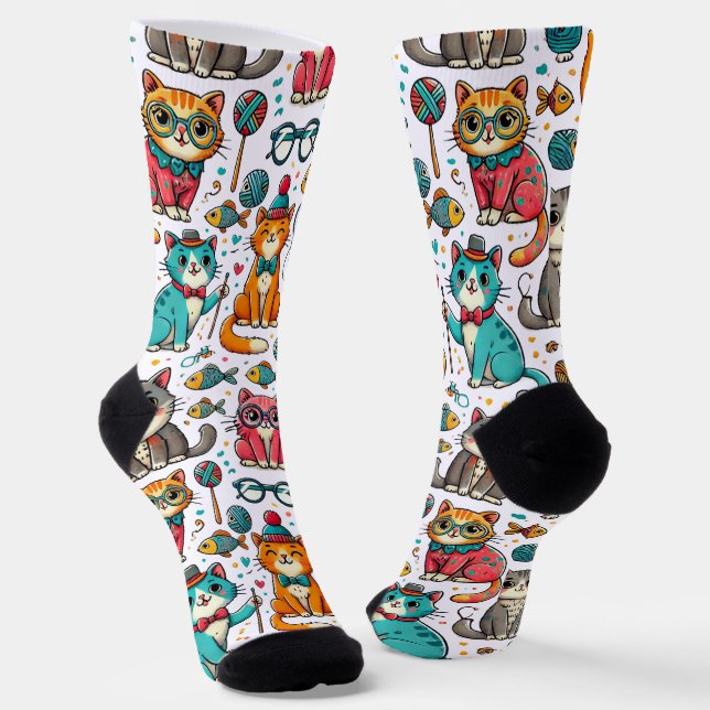 Funny Colourful Cats Pattern Socks Cat Lover Gift (Angled)
