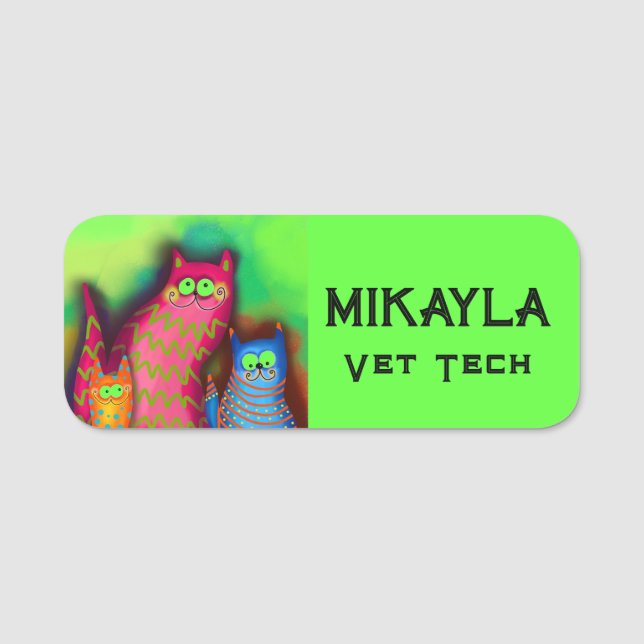 Funny Colourful Cats Vet Tech Name Tag (Front)