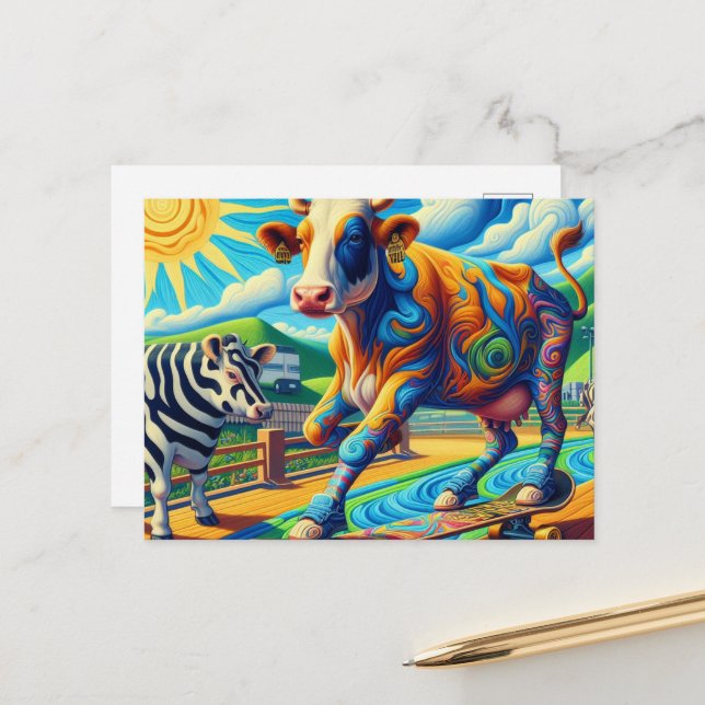 Funny Colourful Cow Skateboarding Postcard (Front/Back In Situ)